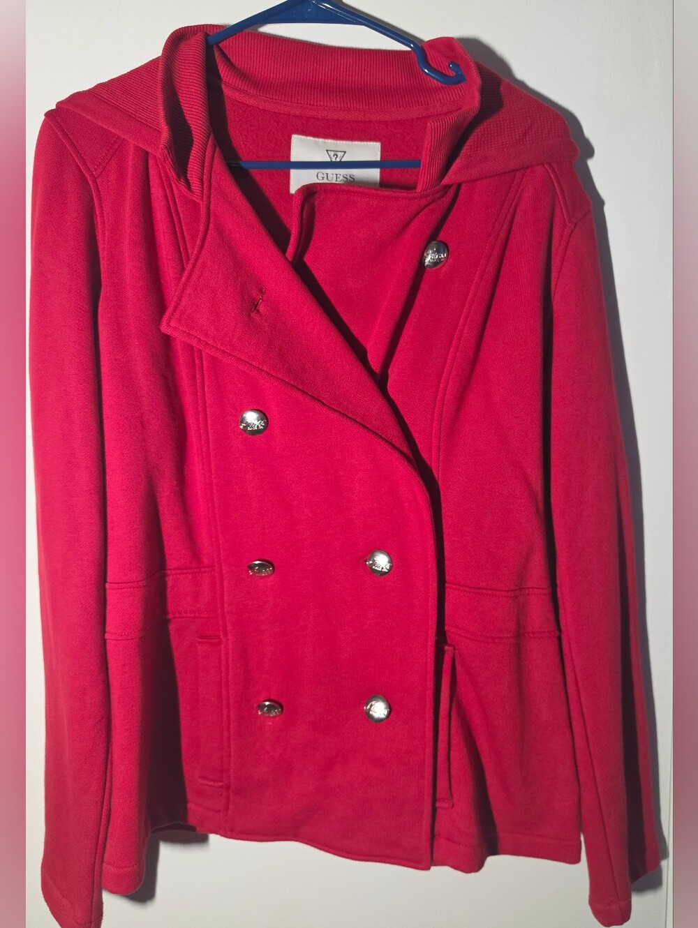 GUESS Red Double-Breasted Hooded Pea Coat